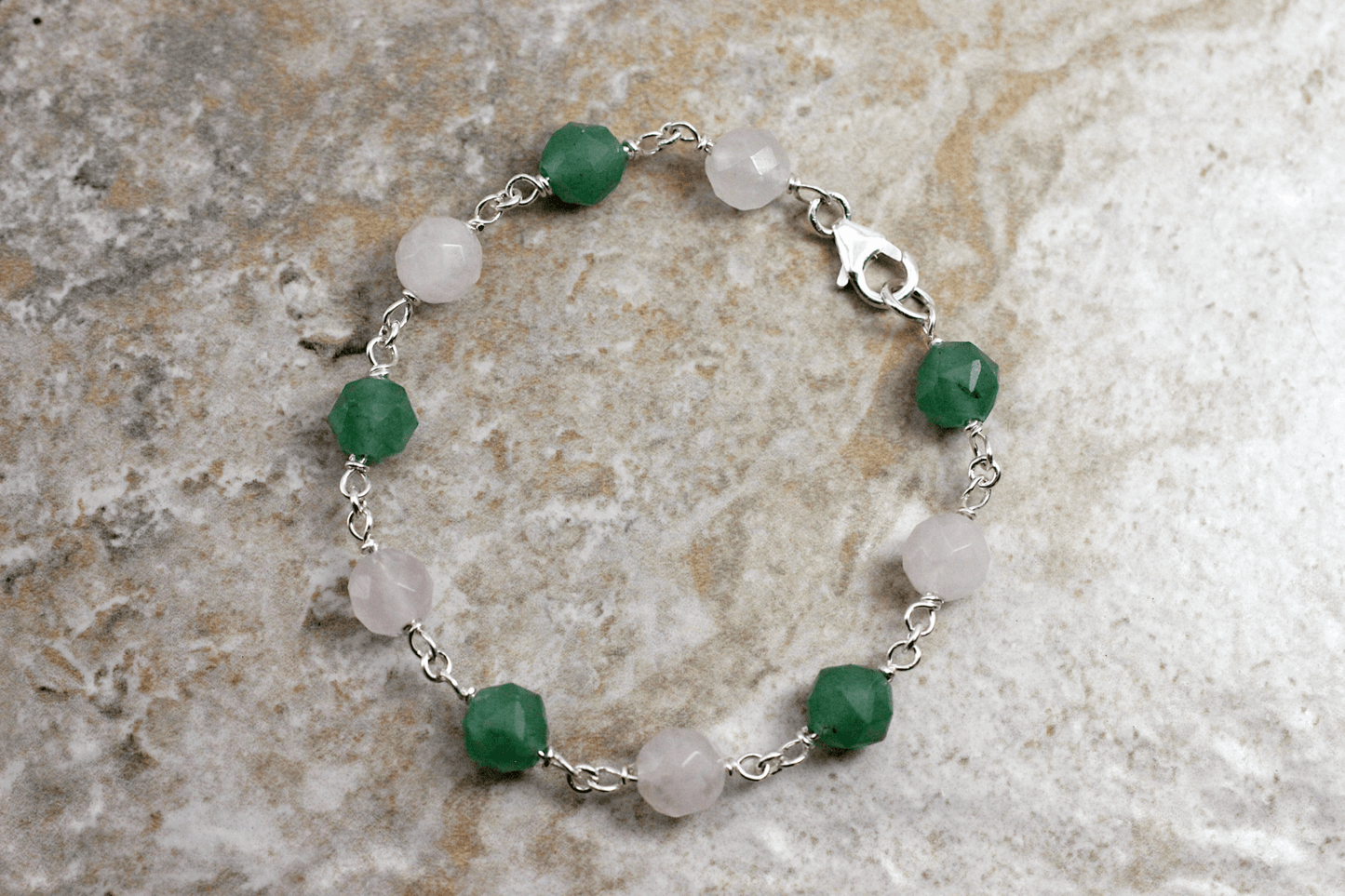 Sterling Silver, Rose Quartz & Green Aventurine Bracelet ~ Handcrafted Jewelry ~ VANDA inspired