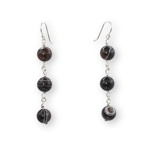 Earrings: Black Agate Beaded Chain Dangles