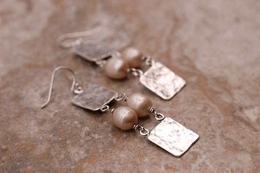 Sterling Silver, Pearl & Square Dangle Earrings ~ Handcrafted Jewelry ~ VANDA inspired